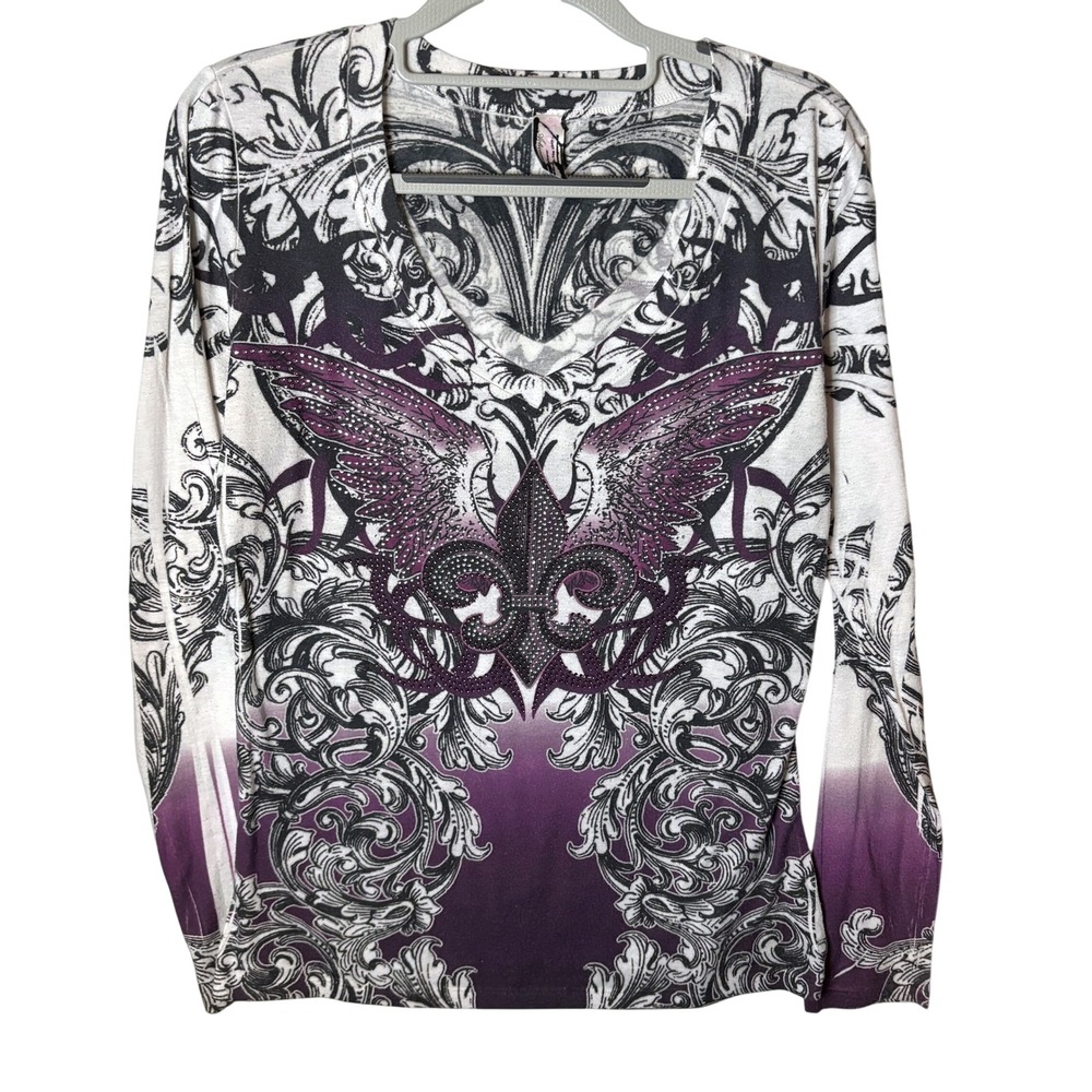 Otomix Activewear Rhinestone Winged Y2K Graphic Tee Womens M White Purple Top